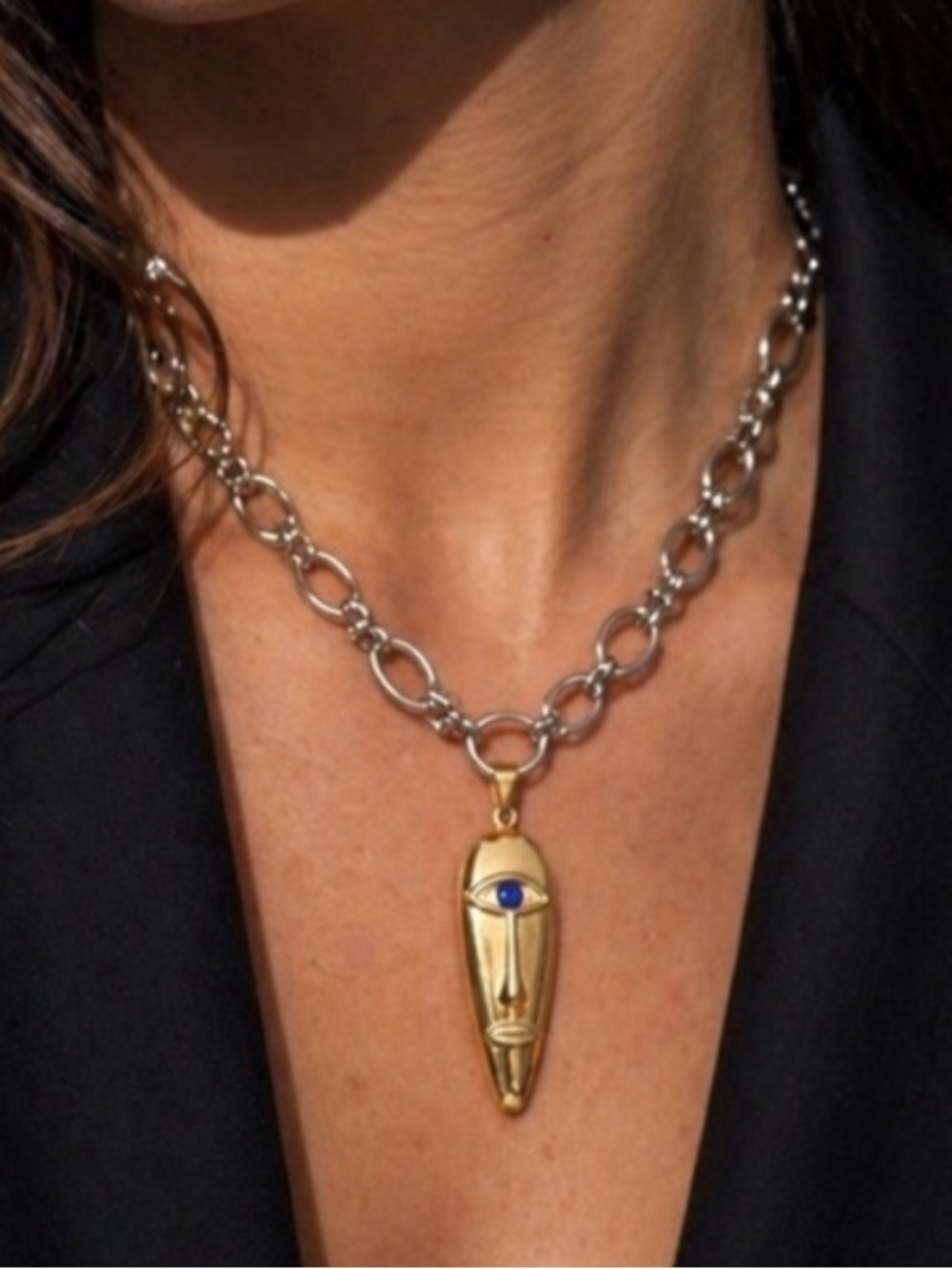 Abstract Face Pendant Necklace with Silver Chain - Women Jewelry - Picture 1 of 5